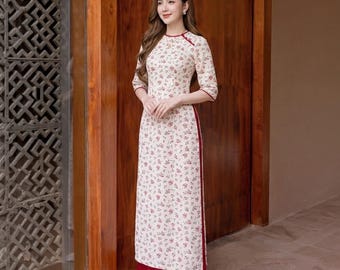 Red floral silk ao dai dress white background Vietnam traditional puff sleeve elegant long dress women wedding guest dress