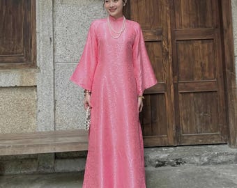 Vietnam ao dai brocade ao dai set, vintage loose fit vietnamese dress, long flared sleeves, high collar traditional wedding guest outfit
