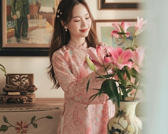 Vietnam traditional Ao Dai with intricate feminine patterns featuring  soft gentle design suitable Tet celebrations weddings custom orders