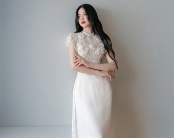 Elegante vestido Ao Dai vietnamita de 4 capas de organza con detalles florales en 3D, moderno vestido de fiesta Ao Dai, vestido de noche de diseñador hecho a mano y a medida