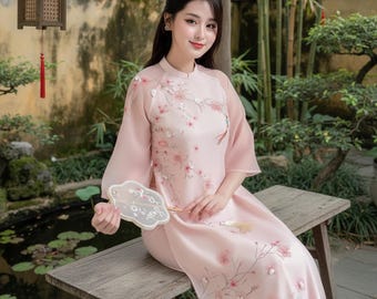 Traditional Vietnam attire women during spring festival fashionable ao dai premium silk embroider collar elegant custom made upon request