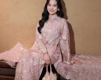 Luxury sequin elegant vietnam traditional dress premium loose fit ao dai sparkling lunar new year outfit women formal silk tunic dress