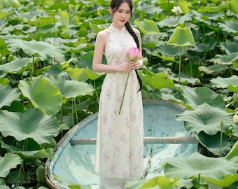 Modern Vietnam ao dai halter neck lotus photography dress elegant traditional outfit artistic lotus photoshoot costume feminine asian dress