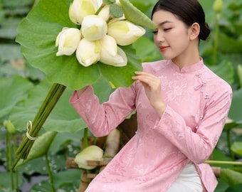 Modern Ao Dai elegant brocade silk floral pattern sophisticated traditional Vietnam refined colors lunar new year  custom fit asian outfit