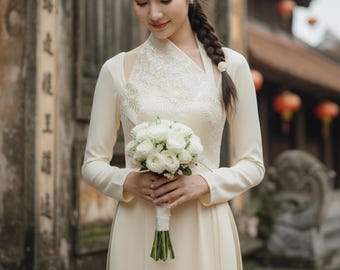 Spring fashion designed Ao Dai set tailored celebrate women beauty traditional Vietnamese silk Ao Dai asian dress modest wedding