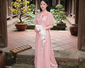 Vietnam ao dai voor vrouwen elegante geborduurde traditionele jurk bruiloft gast outfit pastelroze handgemaakte custom aziatische traditionele kleding