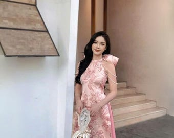 Modern women Ao Dai with off shoulder neckline two tone fabric embroidered details waist bow design tafta youthful contemporary blue parties