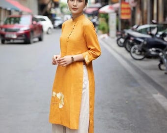 Vestido de lino premium bordado con flores, túnica tradicional vietnamita, corte holgado, corto, ao dai, elegante conjunto de lino hecho a mano, hecho a medida para mujer