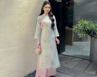 Ao Dai Soft Organza Fabric Delicate Floral Embroidery Elegant Loose Fit VietnamTraditional Light weight Feminine Perfect Special Occasion