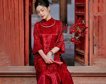 Geborduurd Ao Dai-zijdebrokaat, luxueus patroon, casual festivalkleding