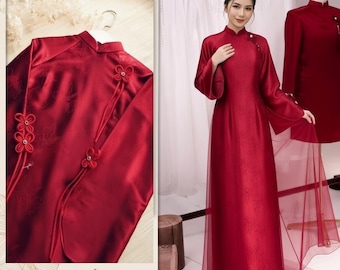 Luxurious wedding attire silk fabric featuring dragon phoenix patterns traditional Vietnam clothing engagement ceremonies special occasions