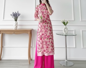 Modern Vietnam Ao Dai four silk panels  intricate embroidery elegant lightweight suitable traditional women attire custom made upon request