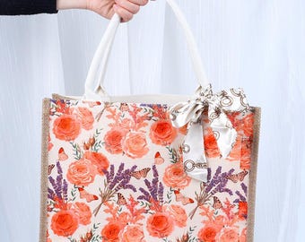 DIY Canvas Tote Bag Craft Kit, Decorative Floral Silk Scarf, Beginner Custom Bag Set