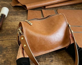 DIY PU Leather Shoulder Bag Kit, Beginner Sewing Craft Tote, Checkered Everyday Handbag
