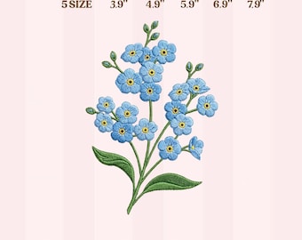 May include: An embroidery design for machine use featuring a cluster of blue forget-me-not flowers with yellow centers and green leaves. The design is available in 5 sizes, ranging from 3.9" to 7.9" in diameter. The text "EMBROIDERY DESIGN FOR MACHINE" is at the top.
