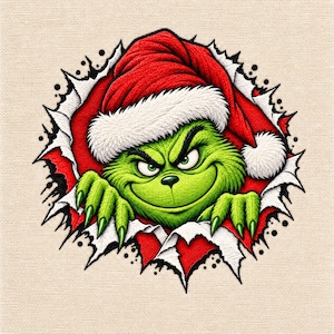 Op de afbeelding: Een geborduurde patch met een groen, harig personage met een ondeugende uitdrukking, die een rood-witte kerstmuts draagt. Het personage lijkt door een gescheurd wit oppervlak te breken, waardoor een helderrode achtergrond zichtbaar wordt.
