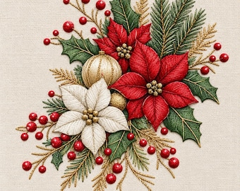 May include: An embroidered arrangement featuring vibrant red and cream poinsettia flowers, deep green holly leaves, golden pine needles, and small red berries. The design includes a textured gold ornament and is set against a neutral fabric background.
