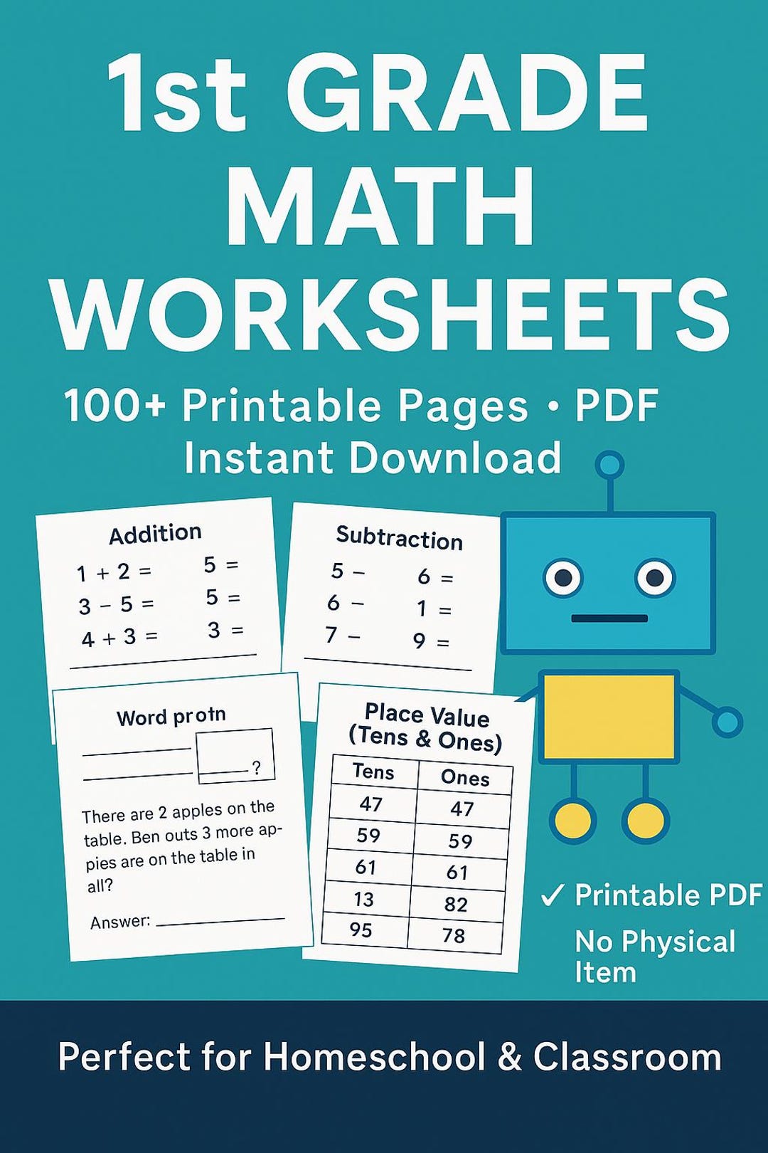 1st Grade Math Coloring & Worksheets Bundle – 100 Pages Printable PDF ...