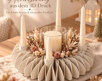 May include: A 3D-printed off-white circular candle holder featuring a pleated, fan-like structure. It holds four tall taper candles and a central glass cylinder containing a pillar candle, surrounded by dried flowers and grasses.