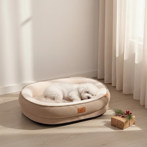 May include: A beige corduroy dog bed with a cream-colored interior. A small white dog is curled up asleep inside the bed. A small gift box with a sprig of greenery sits nearby. The bed is oval-shaped.