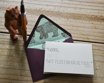 Bears, Beets, Battlestar Galactica - Single Blank Card - Purple with Mint Green Bear Patterened Handmade Paper Lined Envelope