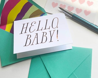 Hello Baby Card, Hand-Lined Rainbow Envelope, New Baby Gift