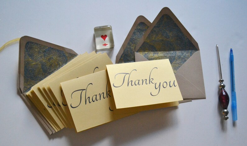 Blue and Gold Cursive Thank You Note Set of 8 with Floral Lined Envelopes image 1