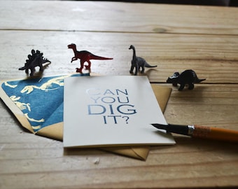 Can You Dig It? - General Sentiment- Single Blank Card - Blue Handmade Paper with Gold Dinosaur Pattern Lined Envelope