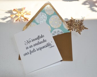 Winter Themed - Voltaire Quote - "No Snowflake in an Avalanche..." - Single Blank Card - Handmade Paper Lined Envelope + Gold Envelope