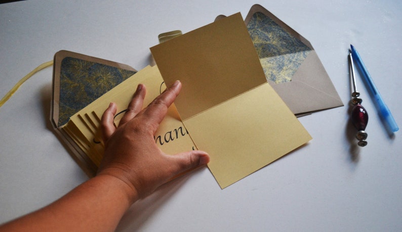 Blue and Gold Cursive Thank You Note Set of 8 with Floral Lined Envelopes image 3