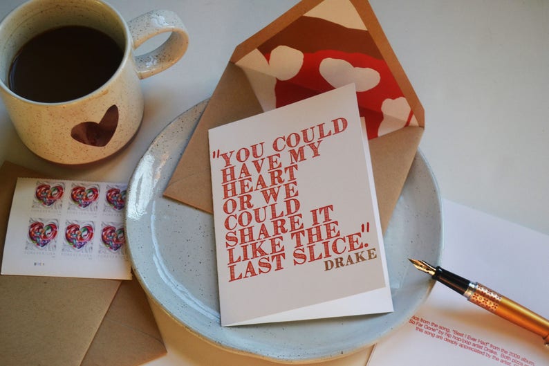 Drake Lyric Share it like the Last Slice Pizza Theme Single Card with Lined Envelope Valentine's Day Love Pizza Food Love image 2