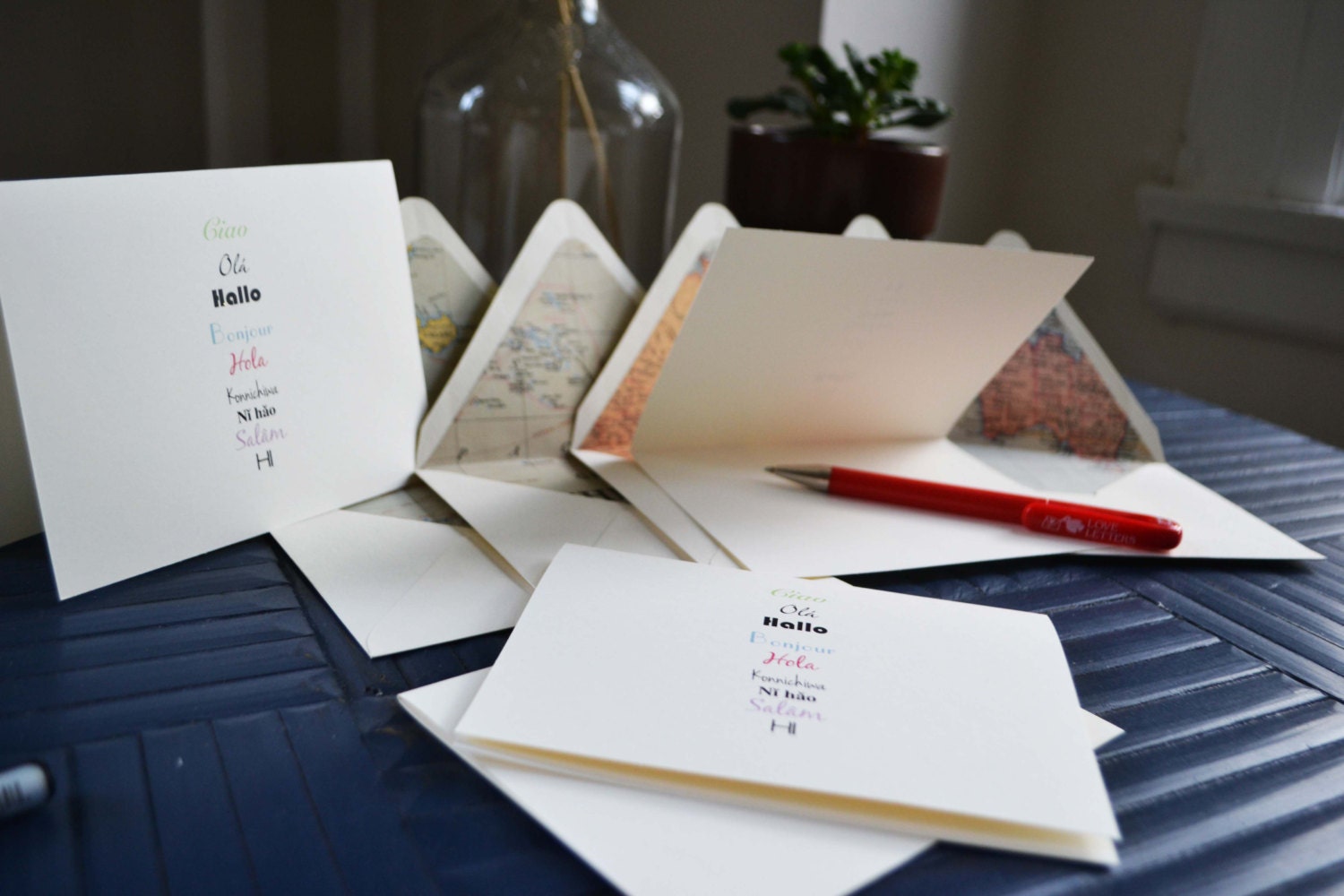 Global Hello Note Card Set of 8 With Antique World Map Lined Envelopes ...