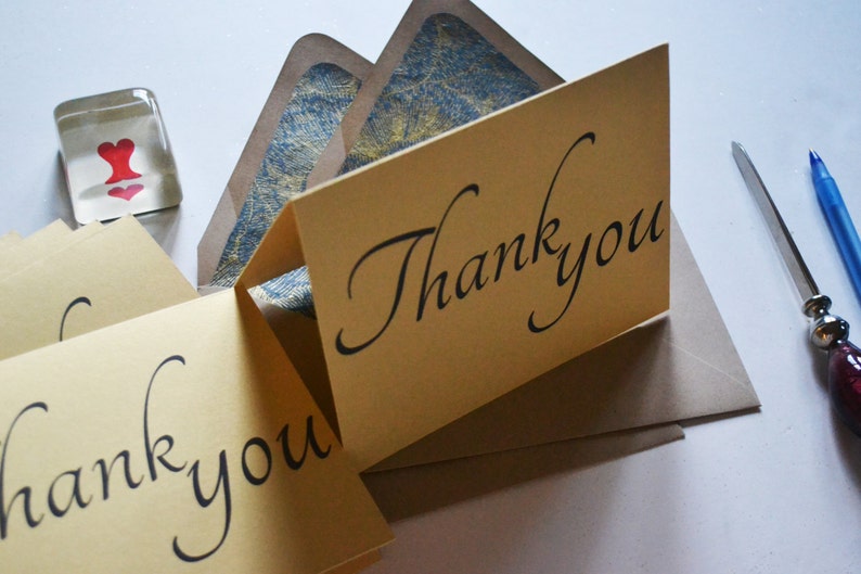 Blue and Gold Cursive Thank You Note Set of 8 with Floral Lined Envelopes image 2