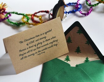 CHRISTMAS/HOLIDAY Card - Andy Rooney Christmas Tree Quote Holiday Card with Glitter Christmas Tree Liner in Hunter Green Envelopes