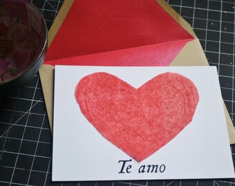 Valentine's Day Card - Red Heart - Te Amo - I Love You Flat Card in Spanish - Red Lined Envelope