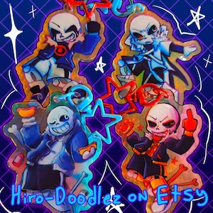 May include: Four acrylic character keychains featuring skeleton figures in various poses and outfits, including blue hoodies and dark jackets, with attached star-shaped clasps in red and blue, set against a dark purple grid background with white star doodles.