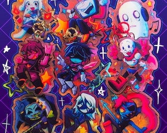 May include: A collection of nine colorful acrylic keychains featuring various cartoon characters in dynamic poses, including a television-headed figure, a skeleton, and a ghost, all attached to gold star-shaped clasps against a purple grid background.