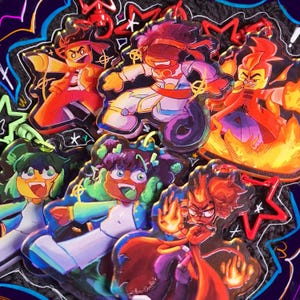 May include: A collection of colorful cartoon character stickers. The stickers feature various characters in action poses, with vibrant colors like red, orange, green, and blue. Each sticker has a glossy finish and is outlined with a black border.
