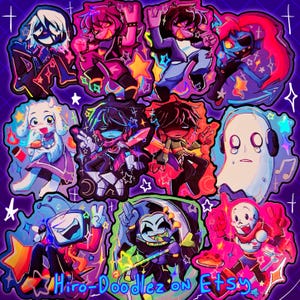 May include: A collection of colorful digital character stickers featuring various figures with vibrant neon outlines, stars, and sparkles on a dark purple background, with the text Hiro-Doodle on Etsy written in blue at the bottom of the image.