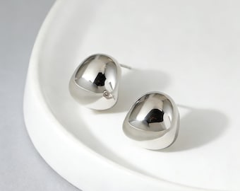 S925 Silver Chunky Polished Silver Irregular Curved Huggie Stud Earrings, Sculptural Hollow Teardrop, OYN0002