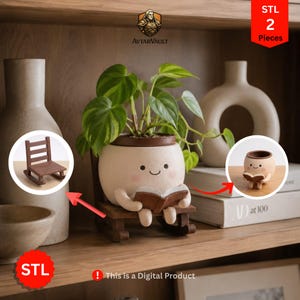 May include: A digital 3D model set featuring two pieces: a small brown wooden rocking chair and a round, cream-colored planter shaped like a character with a smiling face, holding an open book, containing a green plant with heart-shaped leaves.