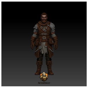 May include: A 3D digital character model of a bearded figure wearing brown leather armor with silver shoulder plates, a hooded tunic, utility pouches, and tall boots. The figure stands against a dark background with the AvtarVault logo at the base.