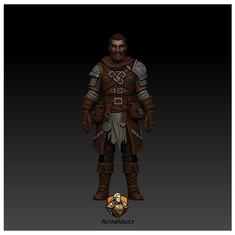 May include: A 3D digital character model of a bearded figure wearing brown leather armor with silver shoulder plates, a hooded tunic, utility pouches, and tall boots. The figure stands against a dark background with the AvtarVault logo at the base.