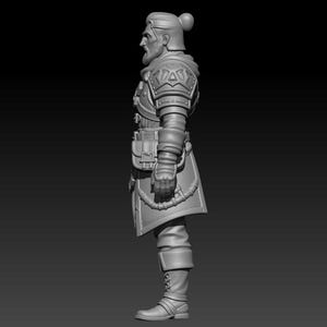 May include: A gray 3D model of a standing character figure viewed from the side. The figure has a top knot hairstyle, a beard, and wears layered armor with shoulder plates, a belt with a pouch, a long tunic, and tall boots with straps.