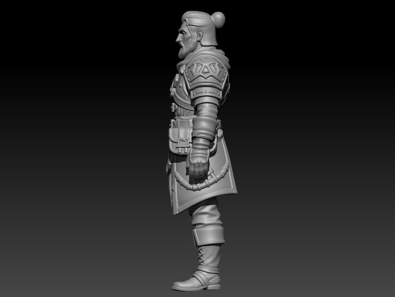 May include: A gray 3D model of a standing character figure viewed from the side. The figure has a top knot hairstyle, a beard, and wears layered armor with shoulder plates, a belt with a pouch, a long tunic, and tall boots with straps.