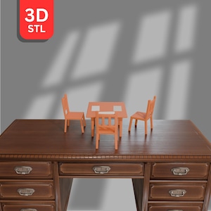 May include: A small orange table and two chairs are placed on a large, dark brown desk. The desk has drawers with metal handles. A red square with "3D STL" text is in the top left corner.