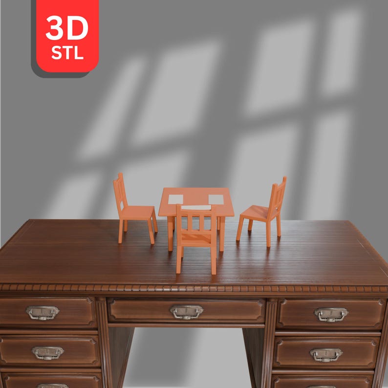 May include: A small orange table and two chairs are placed on a large, dark brown desk. The desk has drawers with metal handles. A red square with "3D STL" text is in the top left corner.