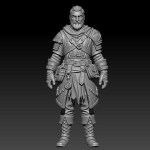 May include: A gray 3D rendered figurine of a standing warrior wearing layered armor, a hooded cloak, and gloves. The character features a bearded face, multiple belts with buckles, pouches at the waist, and tall boots with intricate lacing details.