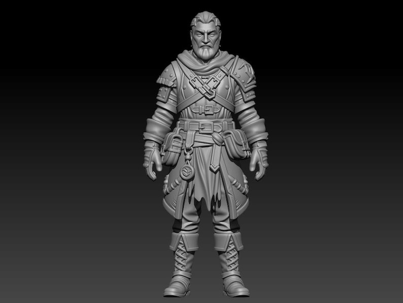 May include: A gray 3D rendered figurine of a standing warrior wearing layered armor, a hooded cloak, and gloves. The character features a bearded face, multiple belts with buckles, pouches at the waist, and tall boots with intricate lacing details.