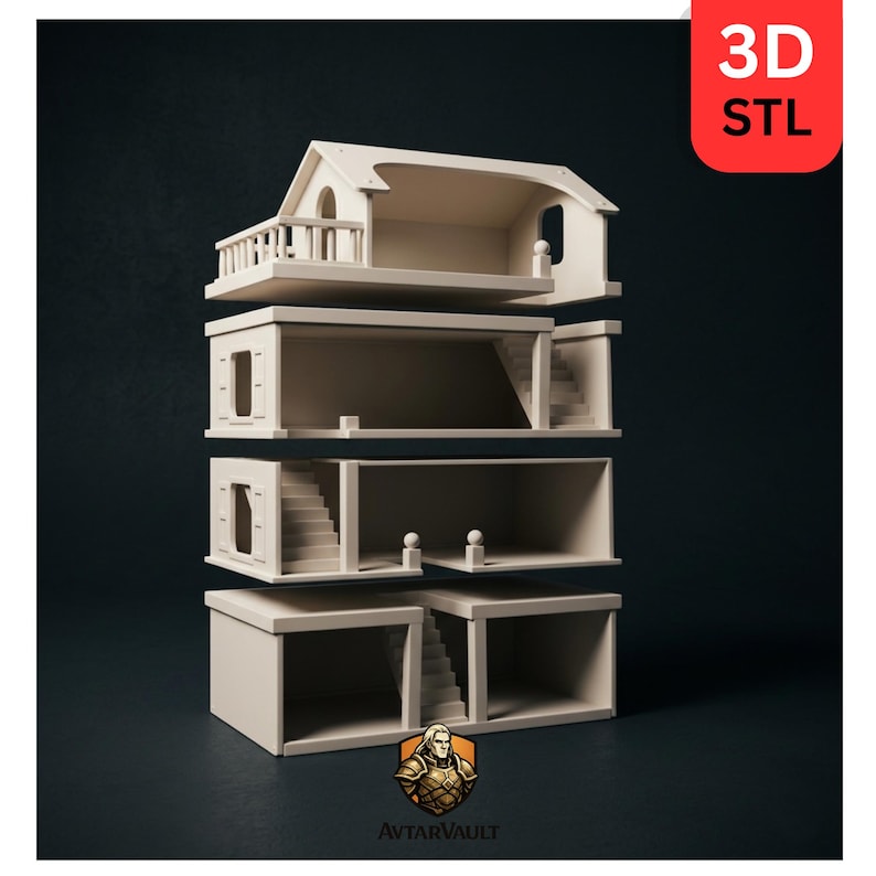 Peut inclure: Maquette de maison de poup&eacute;e beige imprim&eacute;e en 3D, &agrave; plusieurs niveaux, avec des pi&egrave;ces ouvertes, des escaliers et un balcon. Le mod&egrave;le est segment&eacute;, pr&eacute;sentant chaque &eacute;tage. Le coin sup&eacute;rieur droit affiche le texte "3D STL". Le logo AvtarVault est en bas.